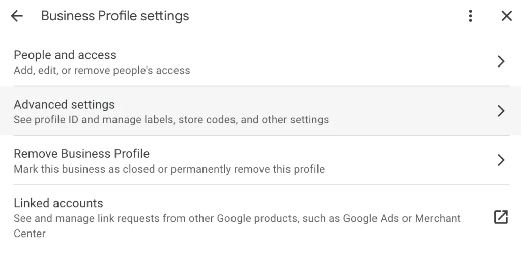 A screenshot of the "Business Profile settings" menu on Google, showing options for people and access and highlighting advanced settings.