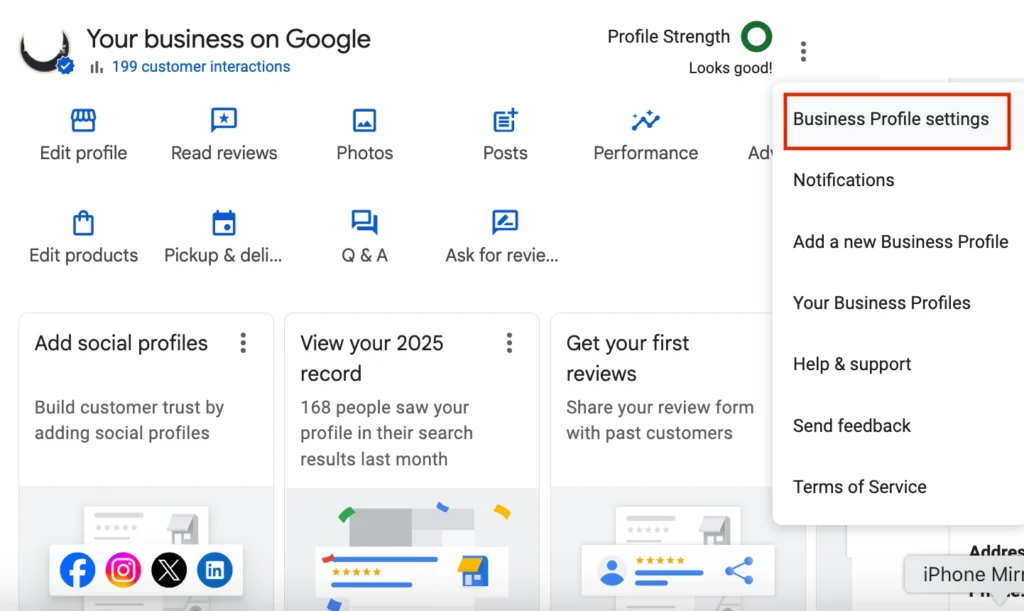 A screenshot of the Google Business Profile management dashboard featuring icons for editing, reviews, and performance, with a drop-down menu highlighting "Business Profile settings."