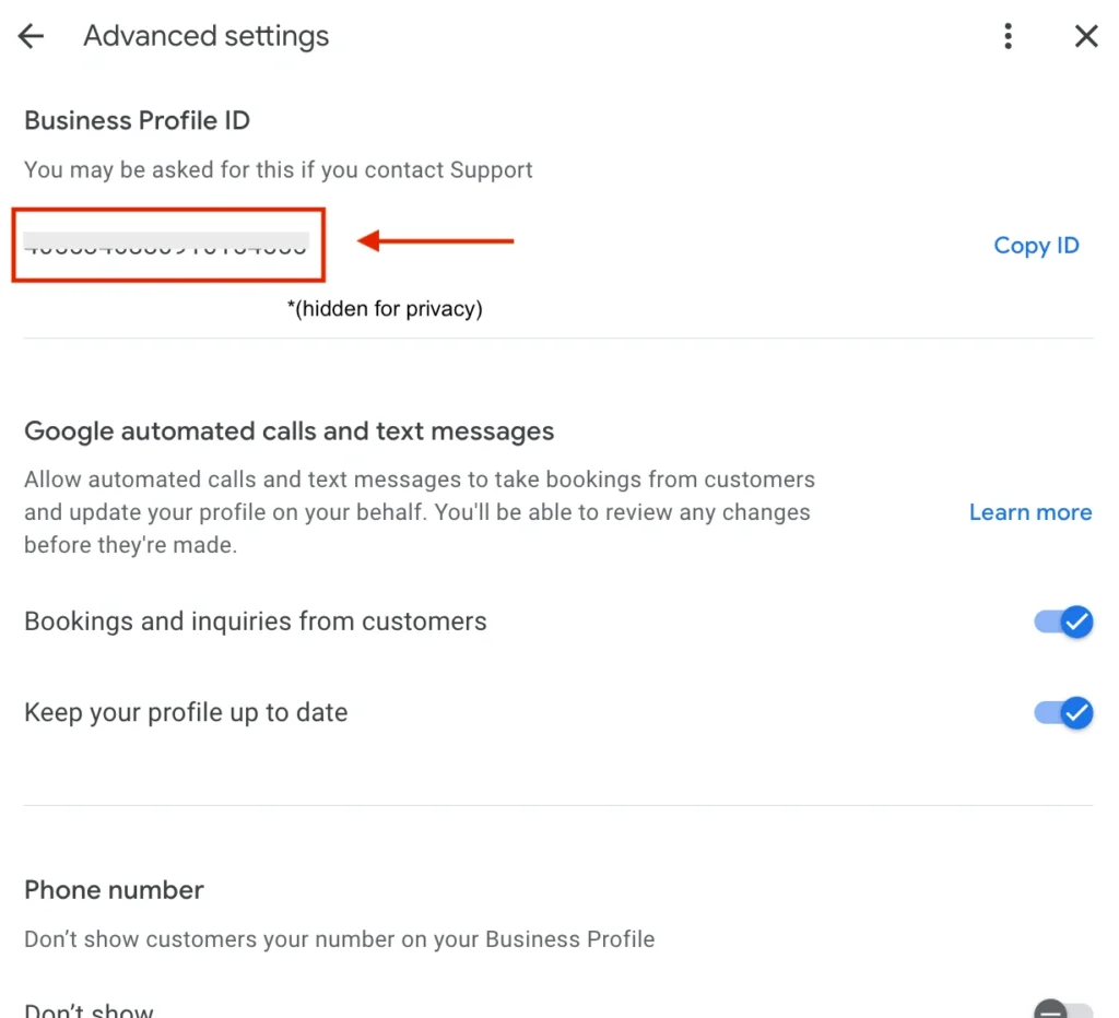 screenshot of the "Advanced settings" page in a Google Business Profile, showing the Business Profile ID.