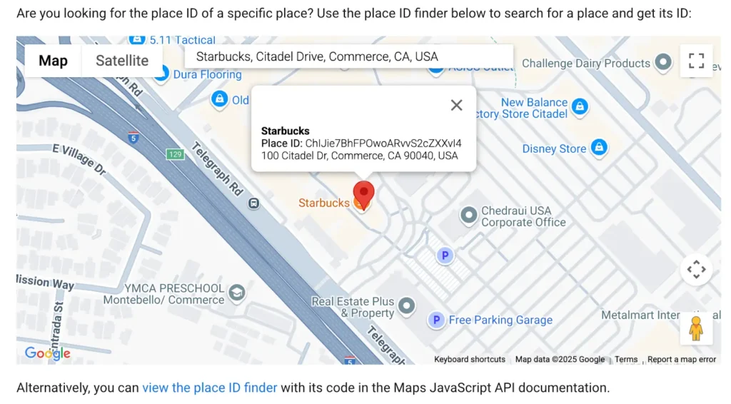 A screenshot of the Google Maps Place ID finder tool showing a pinpointed Starbucks in Commerce, California, with its specific Place ID displayed in an information window.
