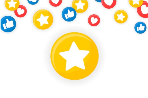 a large yellow star icon centered below a variety of floating social media icons, including blue thumbs-up, red hearts, and yellow stars.