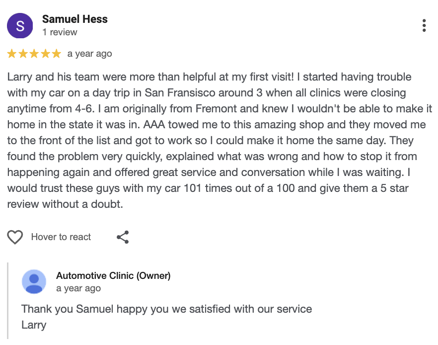 google 5 star review example auto 