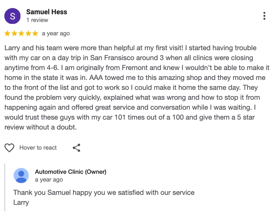 google 5 star review example auto