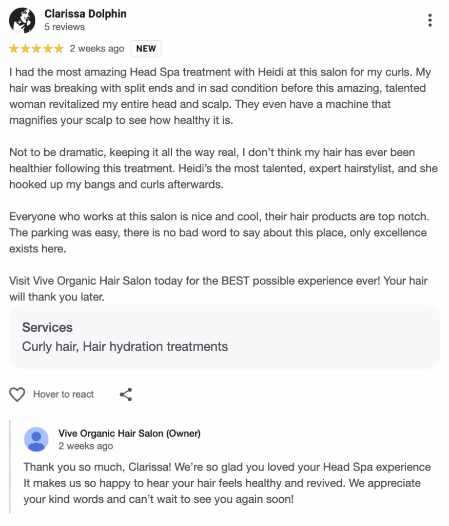 5 star review example google hair salon