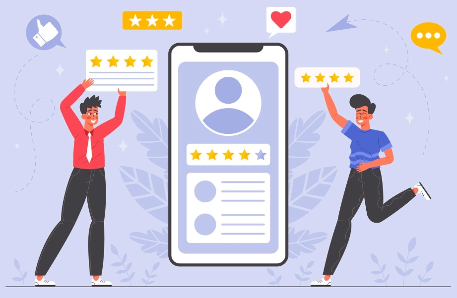 A flat vector illustration of two people holding up large 4 and 5-star rating cards next to a giant smartphone displaying a user profile and reviews.