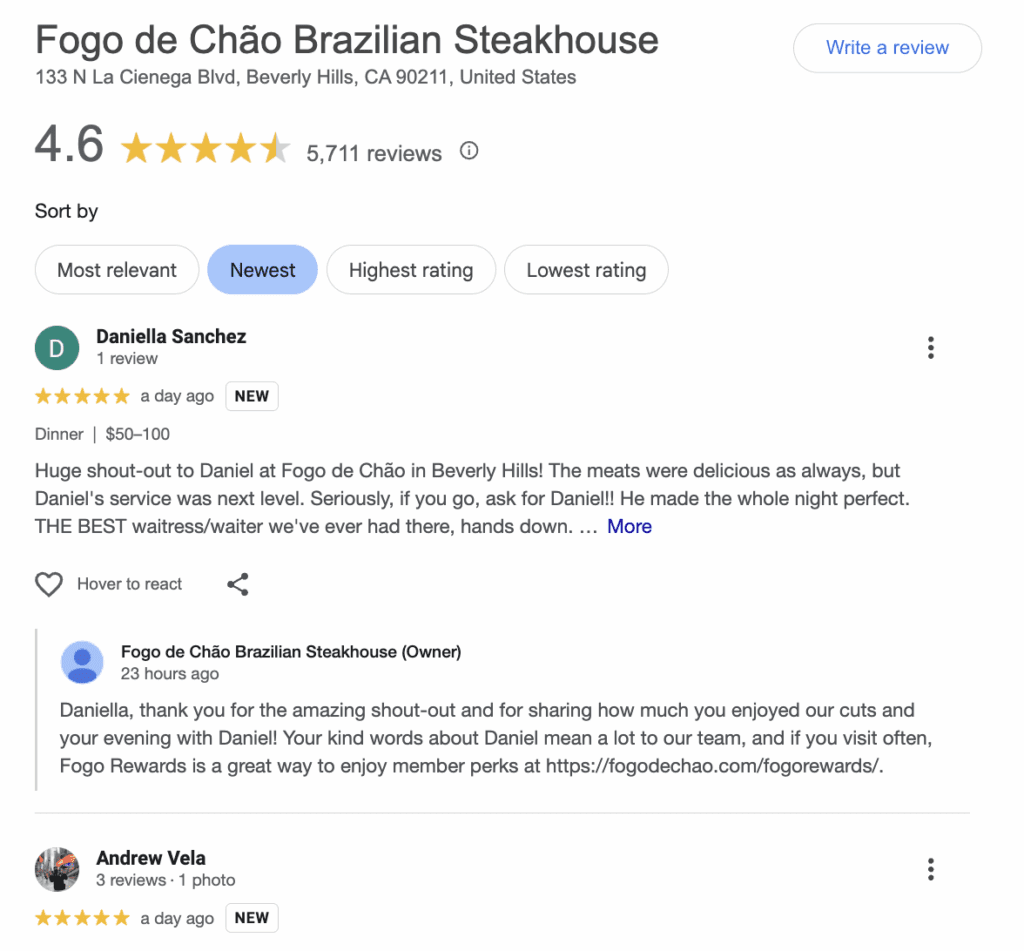 google restaurant reviews examples