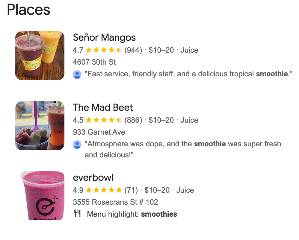A Google Search "Places" list for San Diego smoothie shops, showing Señor Mangos, The Mad Beet, and everbowl with their ratings and addresses.