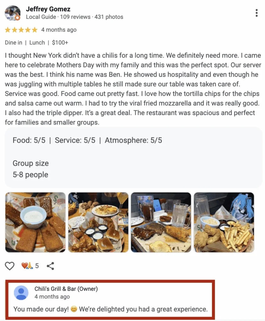 A screenshot of a 5-star Google review by Jeffrey Gomez for Chili's Grill & Bar, including food photos and a personalized response from the business owner.