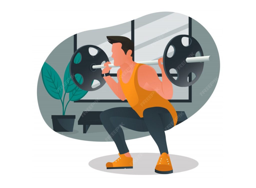 a man performing a barbell back squat in a gym setting.